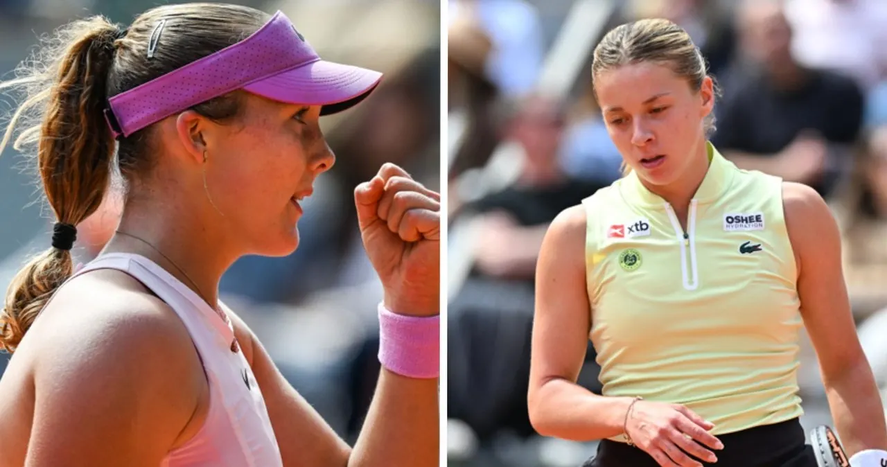 Maja Chwalińska w akcji na korcie tenisowym podczas Roland Garros, obok portret Mirry Andriejewej i Kim Clijsters.