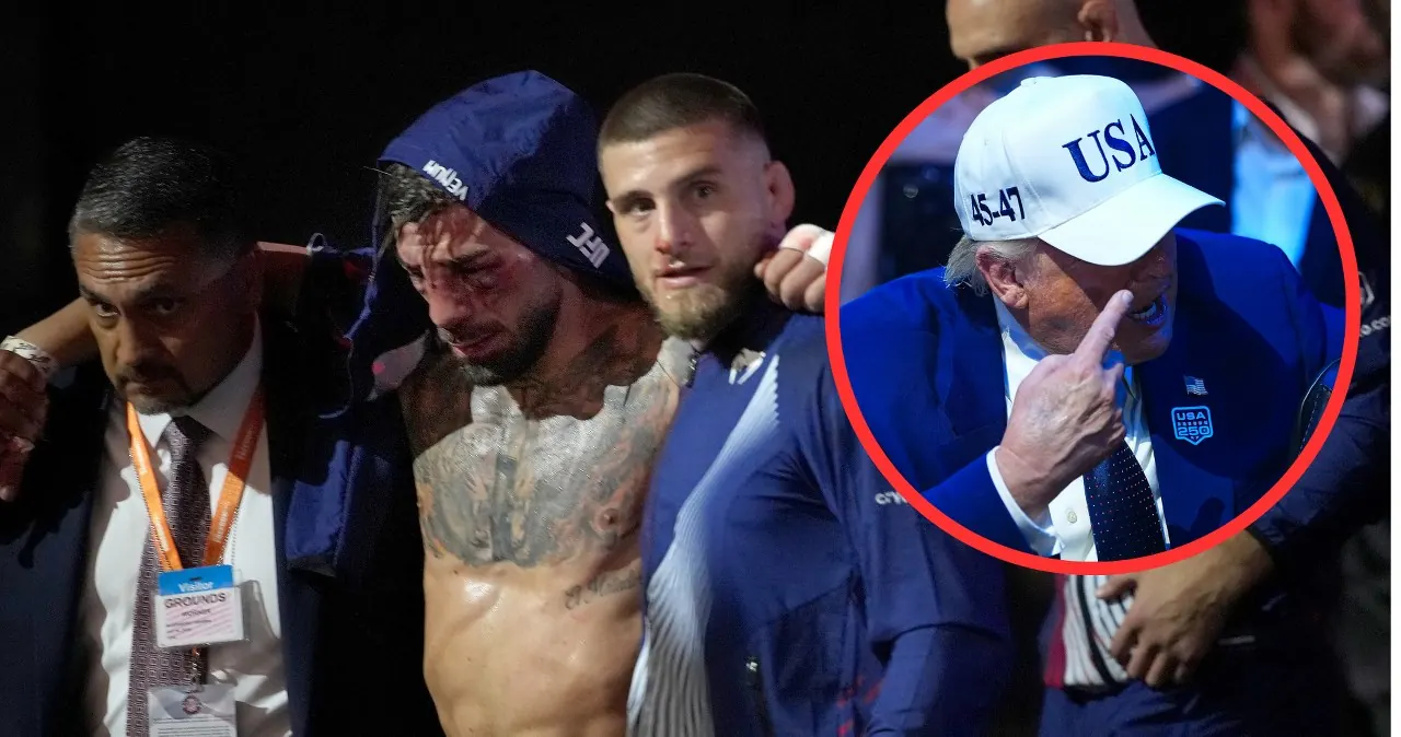 Ilia Topuria z widocznymi obrażeniami twarzy po walce z Justinem Gaethje na gali UFC 250, w tle Donald Trump i Dana White.