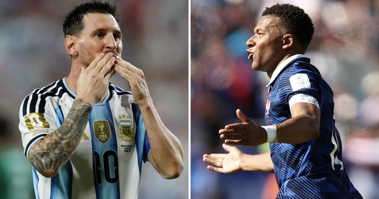 Kylian Mbappe podczas meczu Francja - Senegal, Lionel Messi świętujący bramkę dla Argentyny, Erling Haaland z Norwegii na Mistrzostwach Świata 2026.