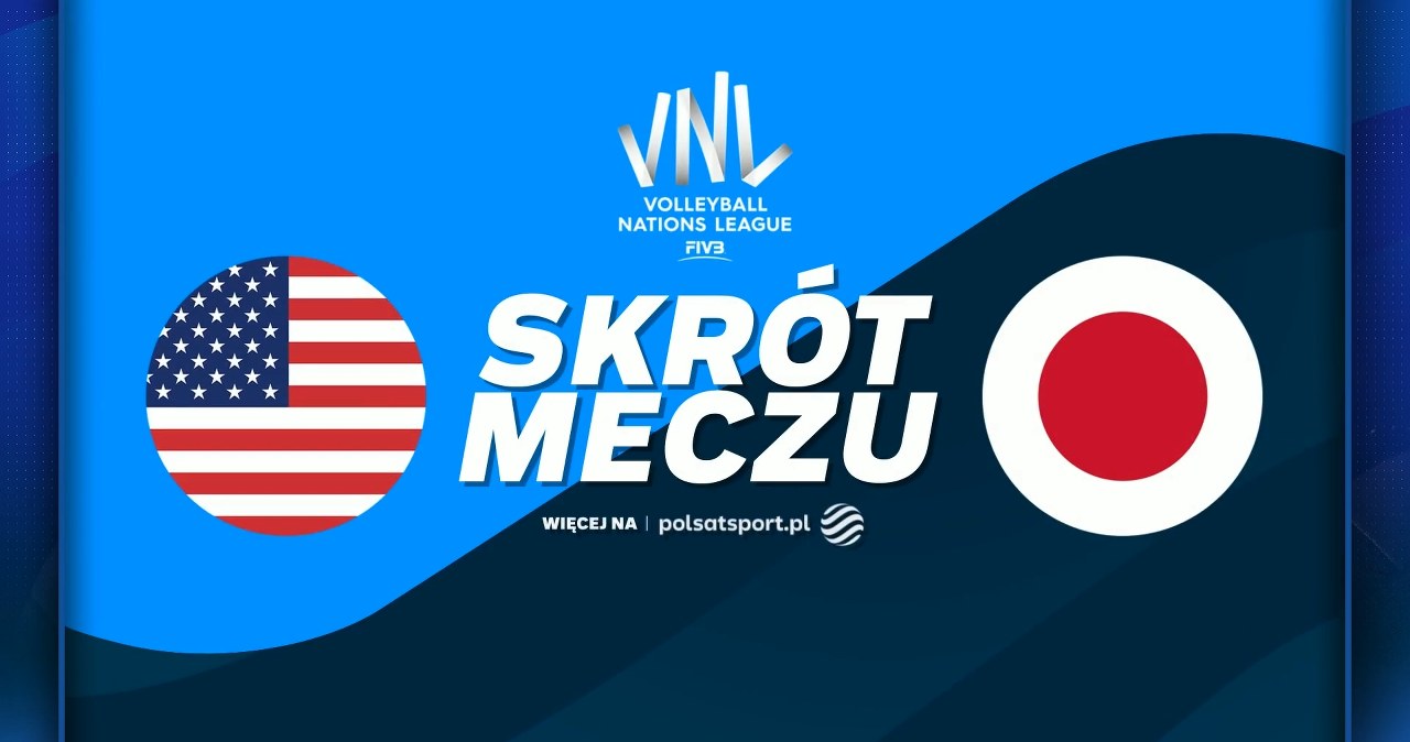 Siatkarze Japonii i USA w akcji podczas meczu Ligi Narodów, zacięta walka o piłkę.