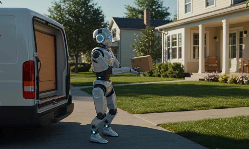 Robot autonomiczny z paczkami na ulicy, symbolizujący przyszłość dostaw