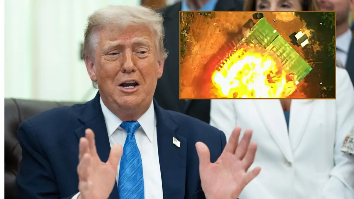 Donald Trump w tle, obok nagranie przedstawiające eksplozję i kłęby dymu.