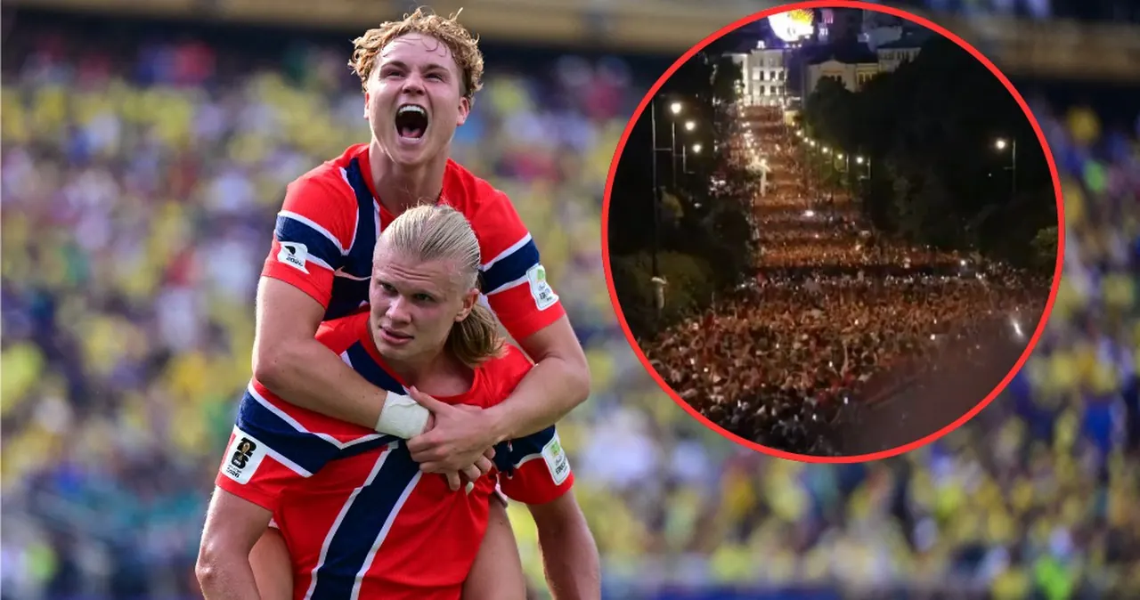 Zdjęcie przedstawiające rozradowanych norweskich kibiców, z flagami, na tle Pałacu Królewskiego w Oslo, oraz Erlinga Haalanda celebrującego bramkę.