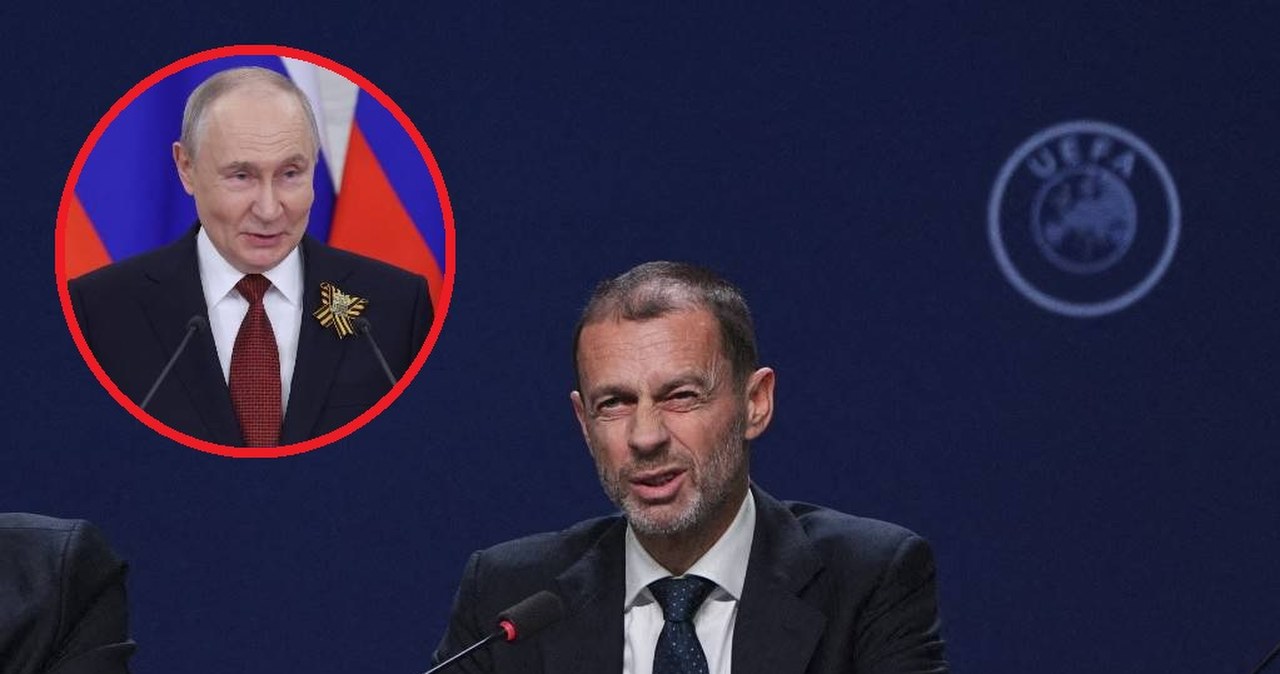 Prezydent UEFA Aleksander Ceferin gestykuluje podczas konferencji prasowej, symbolizującej trudne decyzje.