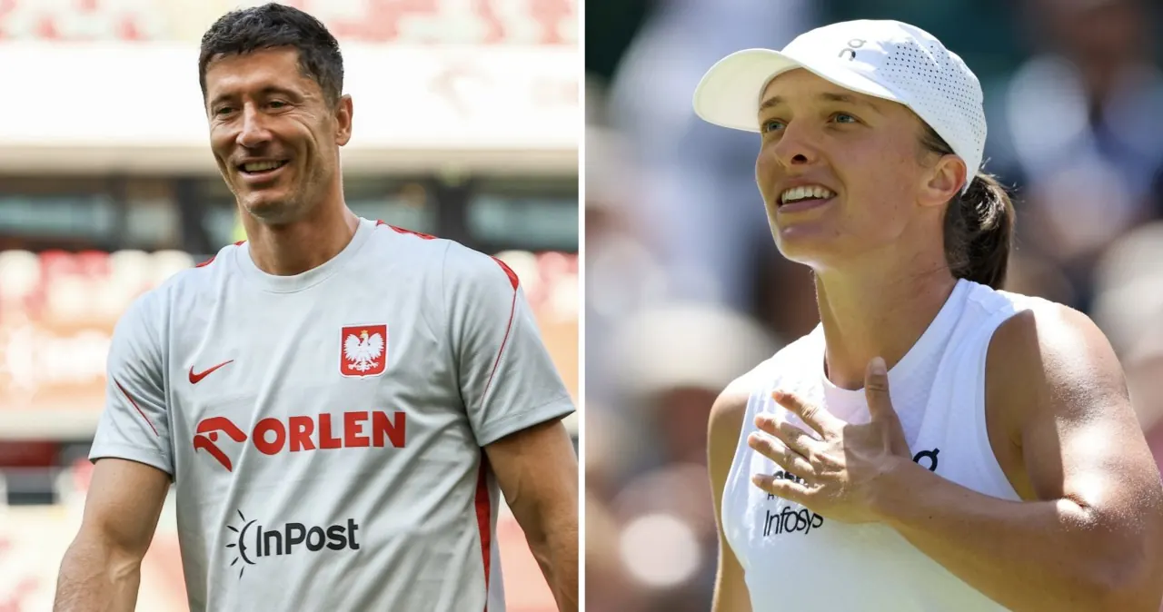 Iga Świątek i Robert Lewandowski, sportowcy, wspierający dzieci chore na raka, z uśmiechami na twarzach