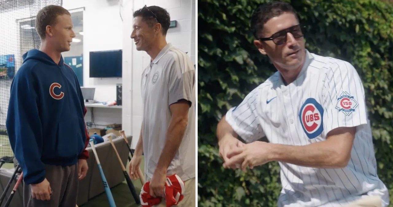 Robert Lewandowski podczas wizyty na stadionie Wrigley Field w Chicago, w towarzystwie baseballisty Pete'a Crow-Armstronga
