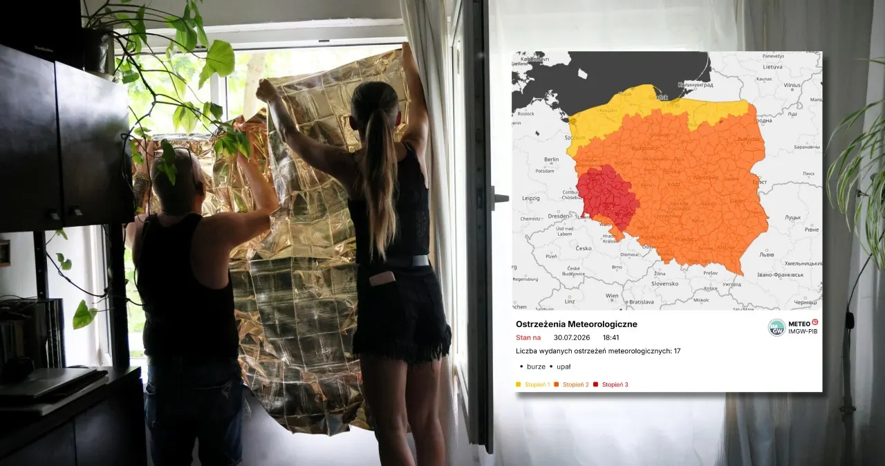 Mapa Polski z ostrzeżeniami IMGW – kolorowe strefy oznaczają zagrożenie burzami i upałem w dniu 30 lipca 2026 roku
