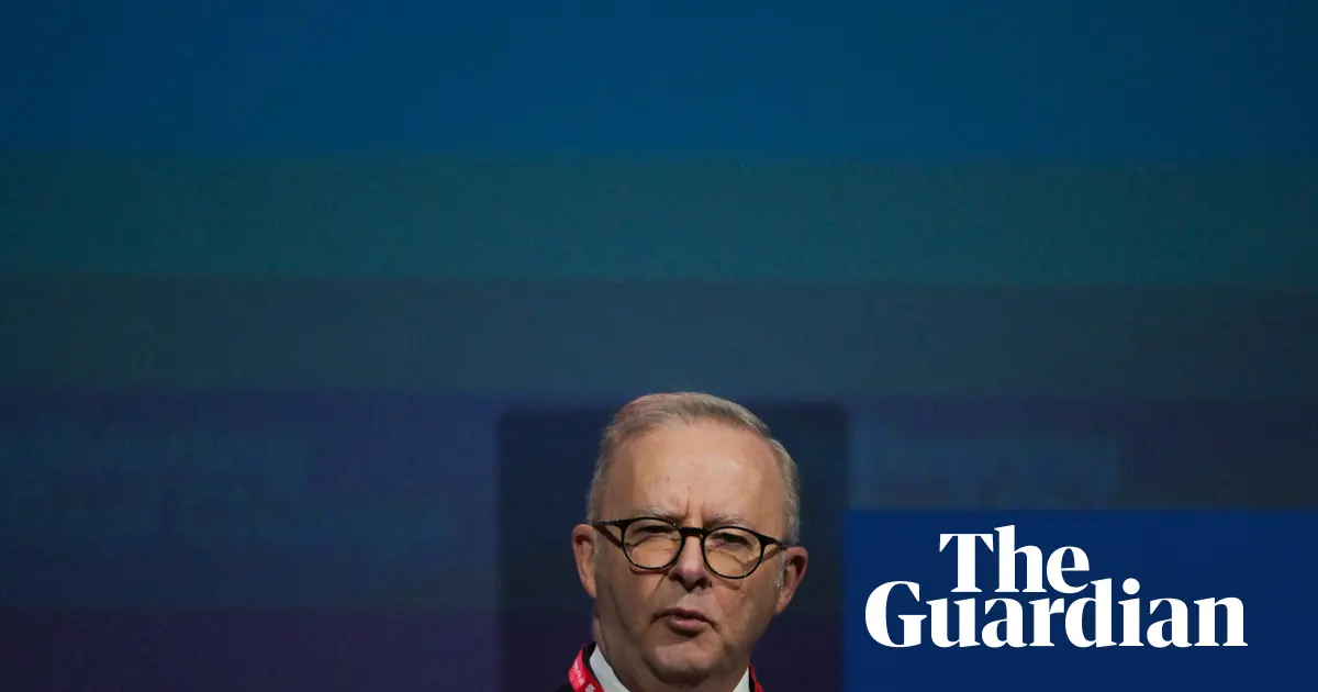 Premier Australii Anthony Albanese odpowiada na pytania dziennikarzy po konferencji Partii Pracy w Adelajdzie