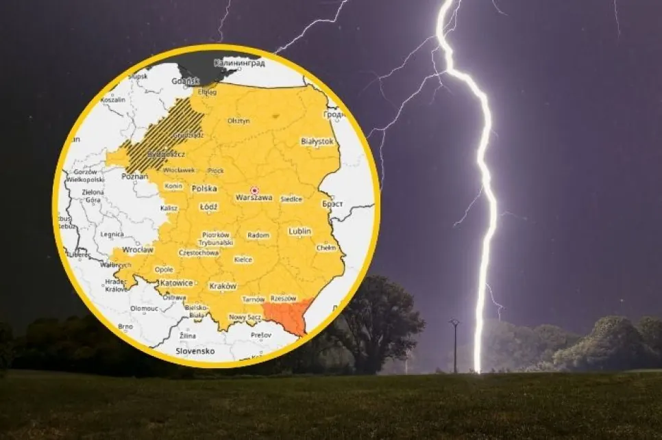 Mapa Polski z zaznaczonymi regionami objętymi ostrzeżeniami burzowymi i chmurami burzowymi.