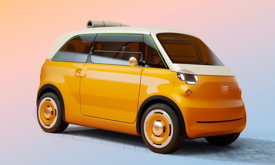 Zdjęcie prototypu elektrycznego samochodu Fiat Multiplina Concept, prezentującego nowoczesny design nawiązujący do Fiata 600 z lat 50.